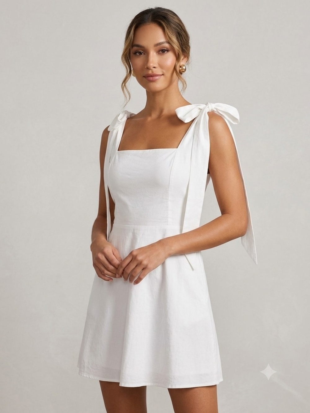 Square Neck White Tie-Shoulder Mini Dress